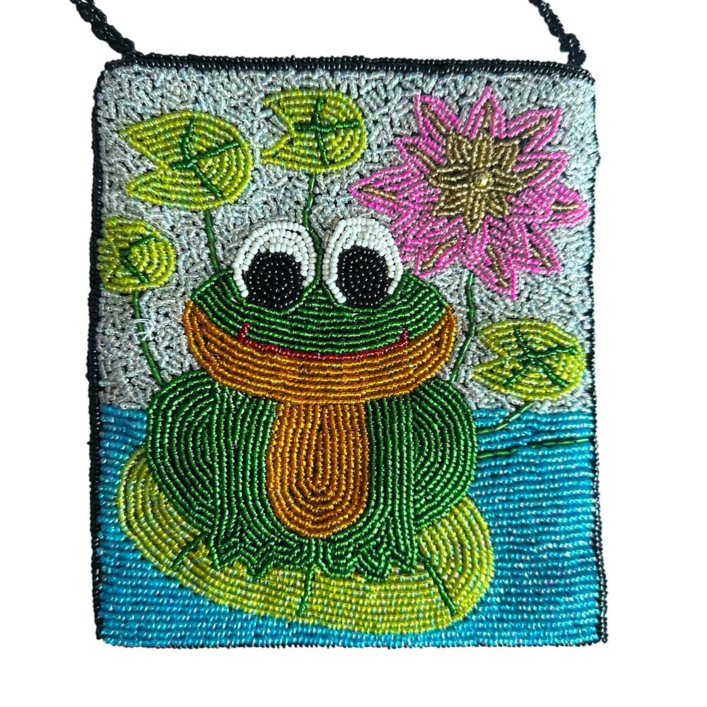 Ermo Beaded Crossbody Bag Green Frog Lilly Pad Flower Whimsical Novelty Purse